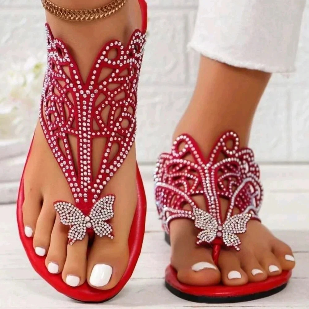 Summer New Genuine Leather Flat & Low-Heeled Cross-Toe Sandals With Rhinestone - Picture 2 of 6
